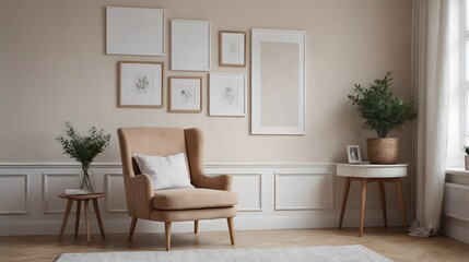 High resolution photo frame on the wall interior image template, empty art frame interior design ai generated designer pictures.