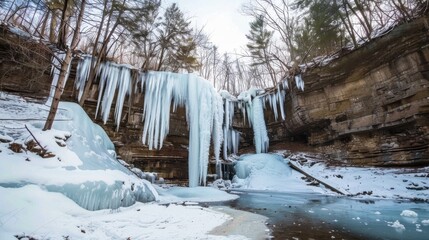 A frozen waterfall cascades down a rocky cliff face, surrounded by trees and snow. Icicles hang from the cliff, and the water below is partially frozen.