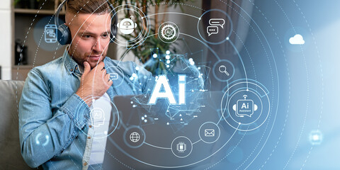 Man with headphones using laptop surrounded by AI icons and grap