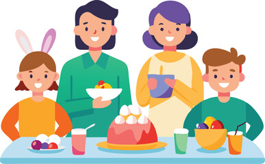 A happy family enjoys dessert and fruit at a cheerful gathering in a bright and inviting atmosphere.