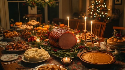 Naklejka premium Holiday Feast with Ham and Festive Sides on Table