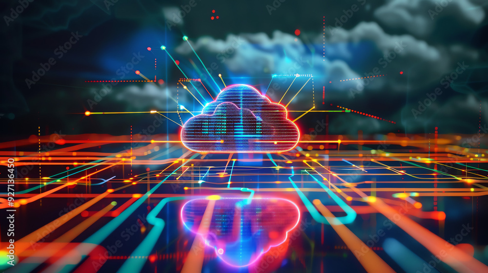 Poster a cloud-shaped symbol with lines and lights connecting it to other lights and lines.