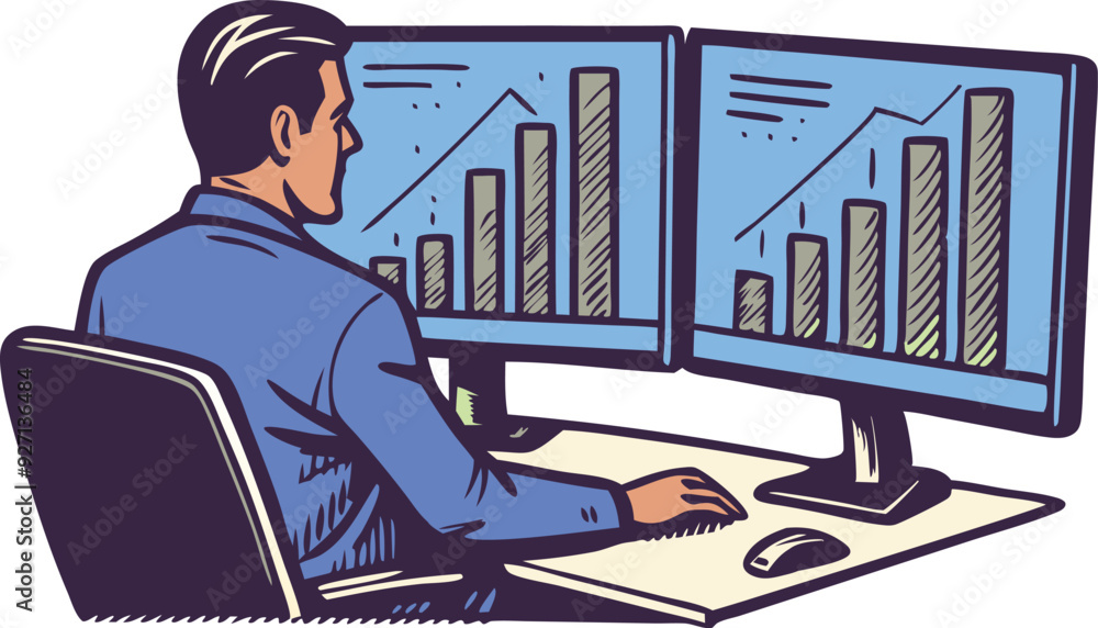 Poster a man reviews financial data and graphs on two computer screens while sitting at a desk.