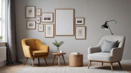 High resolution photo frame on the wall interior image template, empty art frame interior design ai generated designer pictures.