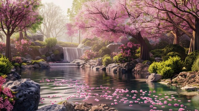 A serene pond surrounded by blooming cherry blossom trees in a lush forest. Sun rays illuminate the water, creating a warm glow. A small waterfall cascades into the pond, adding to the tranquil atmosp