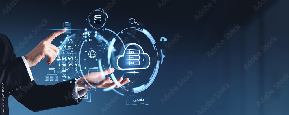 Poster digital cloud security interface on dark background.