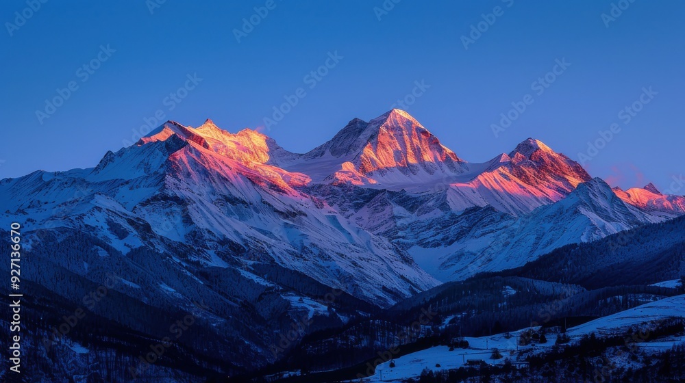 Poster a mountain range with snow-capped peaks bathed in the warm light of a setting sun. the sky is a deep