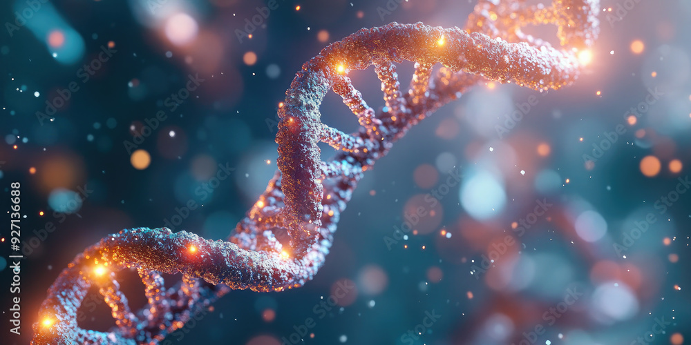 Poster close-up view of a dna strand forming, with its intricate double helix structure, providing a visual