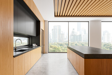 Wooden home kitchen interior with bar island, cooking cabinet near window