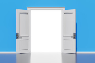 Open white double doors against blue wall background. 3D Rendering