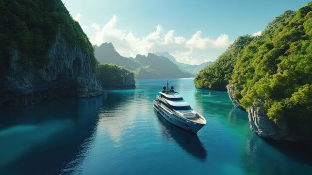 A luxury yacht floats serenely on clear blue waters, framed by vibrant vegetation and majestic mountains under a bright sky - Powered by Adobe