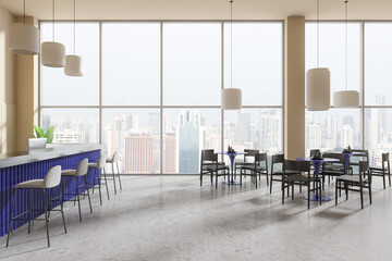 Modern cafe interior with large windows and city view. 3D Rendering