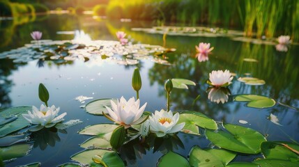 Water lilies bloom on the surface of a calm pond. Their white petals reflect the golden light of the setting sun, creating a serene and peaceful atmosphere. The water is still, and the lily pads float