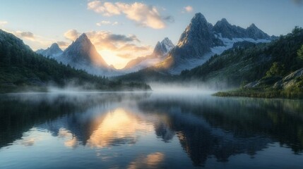 Fototapeta premium Serene Mountain Lake Sunrise: Misty Reflections of Majestic Peaks