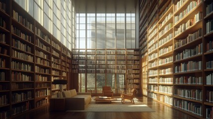 Obraz premium Peaceful Reading Retreat: Serene Library with Cozy Nook and Natural Light