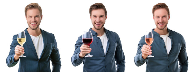 smiling man cheers a glass of red, white, rose wine