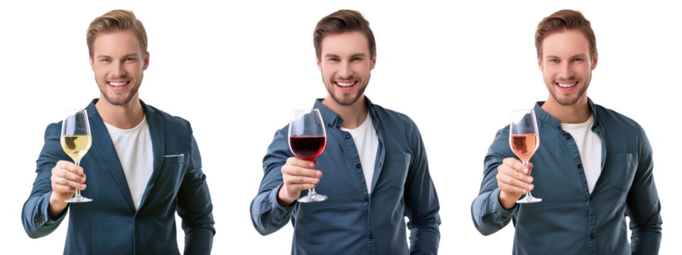 smiling man cheers a glass of red, white, rose wine