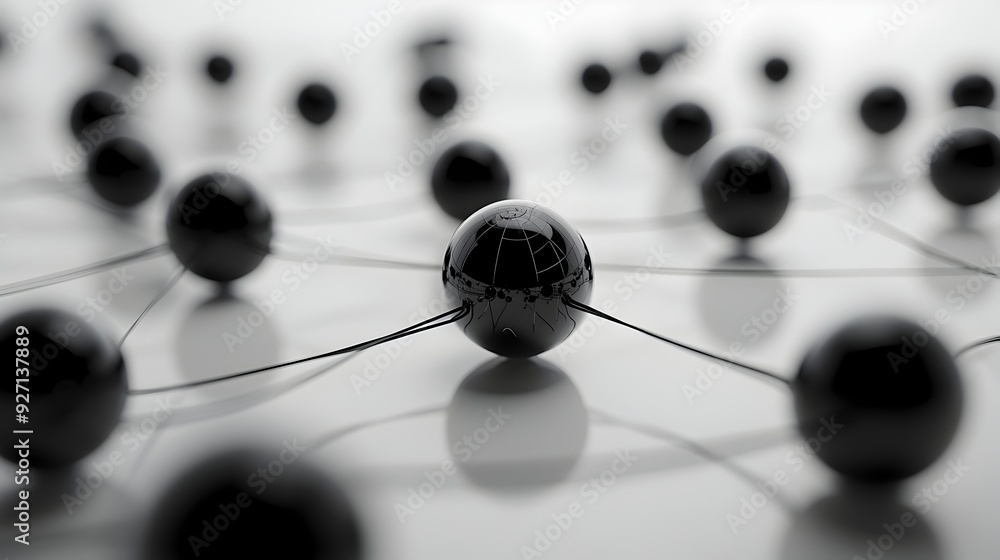Poster minimalist design of black spheres and connecting lines highlighting the complexity of digital conne