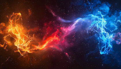 A colorful space scene with two bright orange and red streaks of fire. The fire is surrounded by a blue and purple swirl of smoke. The scene is dynamic and full of energy, with the fire
