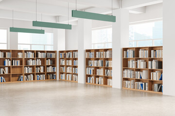 Stylish library interior with wooden bookcase in row, panoramic window © ImageFlow