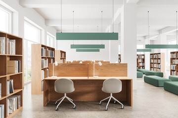 Stylish library interior with work and relax zone, shelf and panoramic window