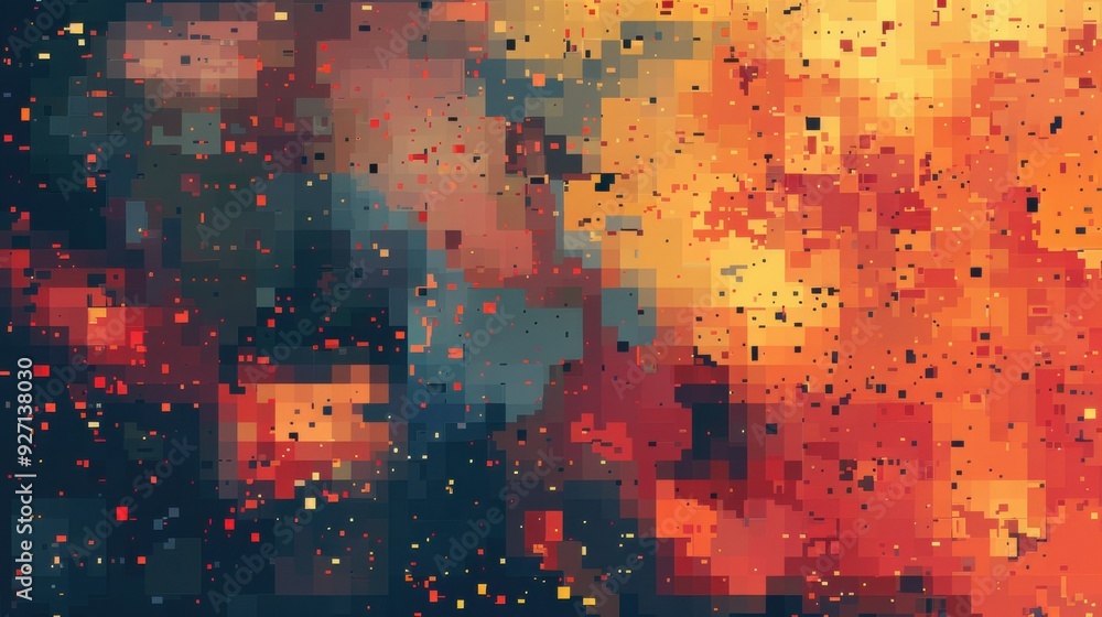 Poster A digital art piece featuring an abstract design of colorful pixelated shapes with an orange, red, and blue color scheme. The shapes are arranged in a random pattern, creating a sense of motion and en