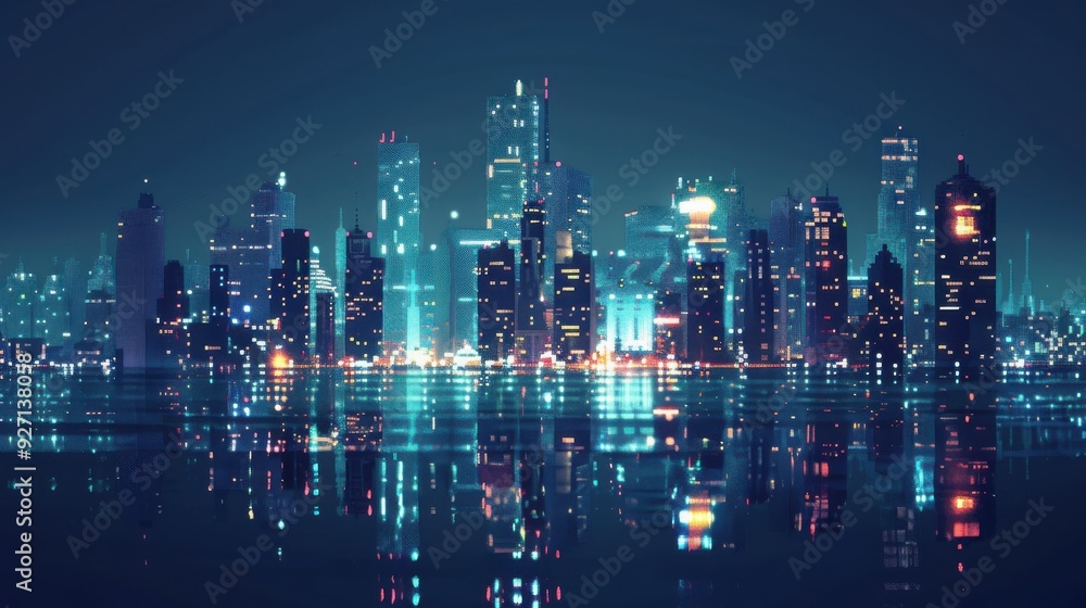 Poster a nighttime cityscape with tall, modern buildings illuminated by colorful lights, reflecting in the 