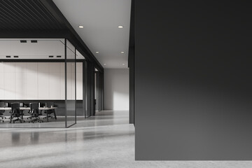 Glass meeting room interior with board and chairs, mockup wall