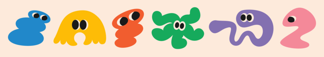 Abstract  funny comic cool shapes with eyes, frame, textbox in trendy retro Groovy, Y2K style, Vintage. Colored isolated on white background label, sticker, elements for Halloween. Flat Vector EPS10