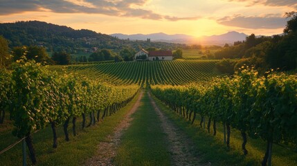 Naklejka premium Sunset Serenity: Golden Vines and Rustic Farmhouse in a Picturesque Vineyard