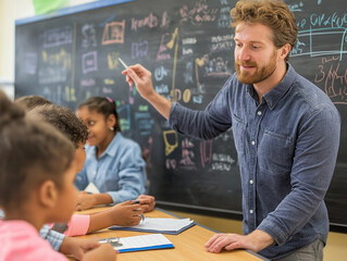 Teacher explaining a math problem on a chalkboard, with focused students taking notes, in a bright and modern classroom