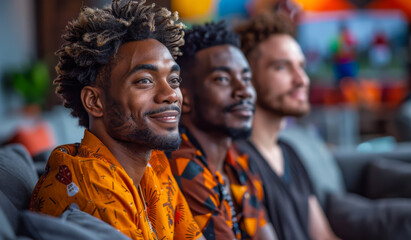 Three men are sitting on a couch, one of them wearing an orange shirt. They are smiling and seem to be enjoying themselves