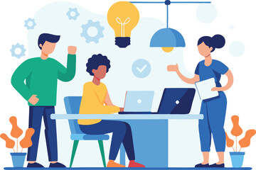 A diverse group engages in brainstorming and teamwork around a table with laptops and plants.