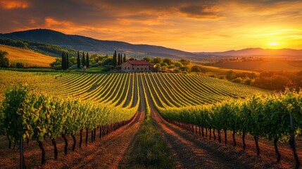 Fototapeta premium Golden Hour in the Vineyard: Sunset Hues Paint a Rustic Farmhouse Scene