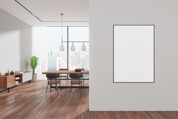 Stylish home living room interior with table and panoramic window, mockup frame