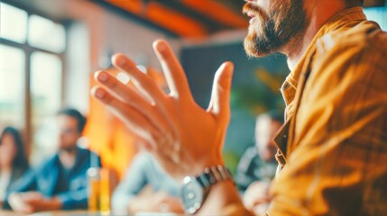 A man passionately gesticulates with his hands during a business meeting, his face animated with excitement