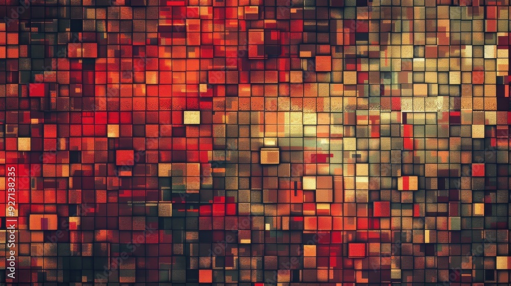 Poster a digital mosaic pattern composed of small squares in varying shades of red, orange, and brown. the 