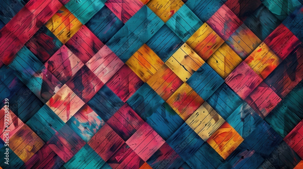 Poster A close-up, abstract image of a patterned background made of many colorful, wooden squares. The wood grain is visible on each square and the pattern of the squares is an intricate, diagonal design. Th