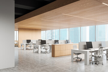 Modern office interior with open space concept and city view. 3D Rendering