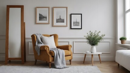 High resolution photo frame on the wall interior image template, empty art frame interior design ai generated designer pictures.