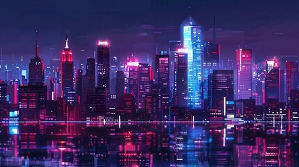 Fototapeta premium A futuristic cityscape at night, with tall buildings illuminated by vibrant neon lights in shades of pink and blue. The lights reflect in a body of water in the foreground, creating a dazzling display