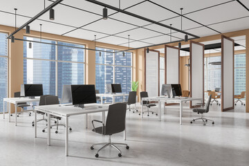 Stylish office room interior with coworking and meeting room near window