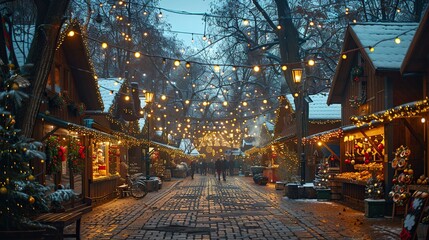 Fototapeta premium The Christmas market at Dome Square in Riga's old town, Latvia, features pavilions, stores, and festive xmas decorations, hot drinks, and food.