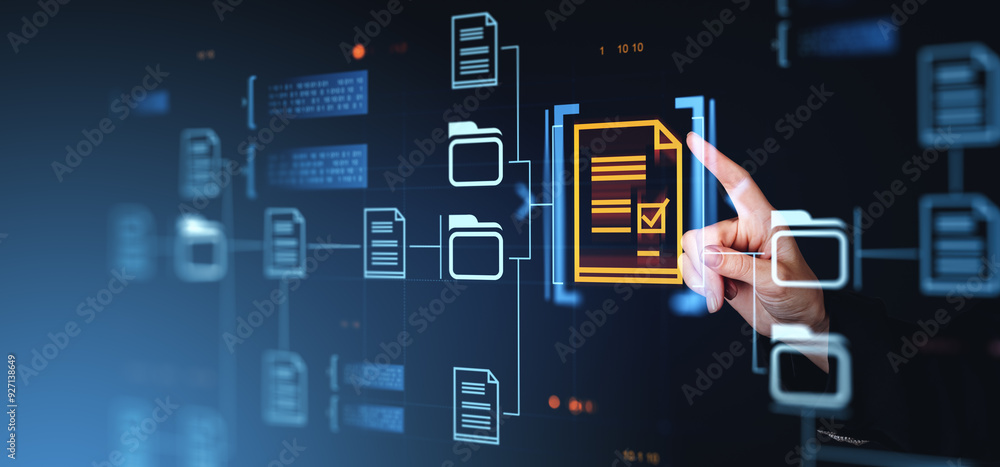 Poster digital document management interface with hand pointing to file icon.