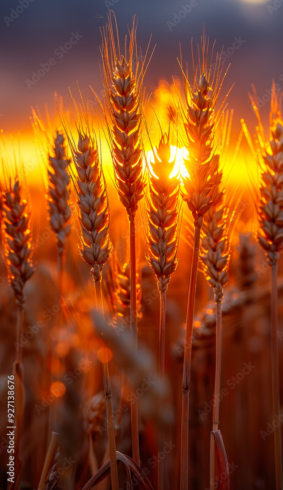 Poster a field of golden wheat with the sun shining on it. the sun is setting in the background, creating a
