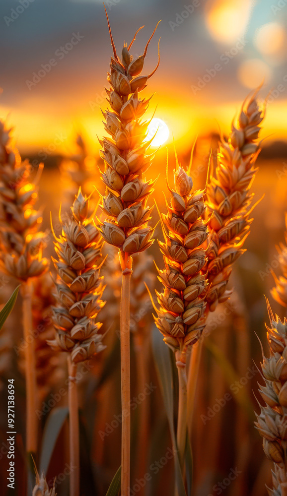Poster a field of golden wheat with the sun shining on it. the sun is setting in the background, creating a