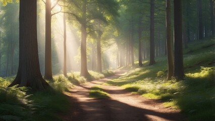 Obraz premium Forest path with sunlight filtering through trees, dappled light and shadows.