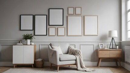 High resolution photo frame on the wall interior image template, empty art frame interior design ai generated designer pictures.