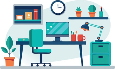 A well-organized workspace featuring a computer, desk lamp, plants, and storage, designed for productivity and comfort.