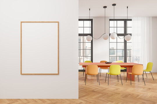 Colored home living room interior with dining table and window. Mockup frame